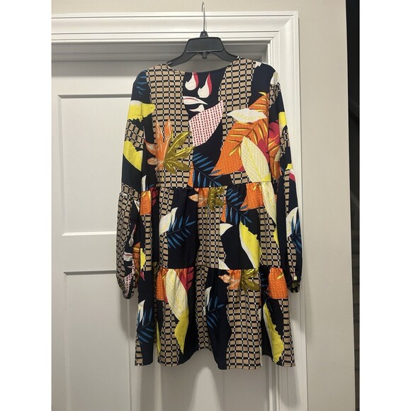 Tiered V-Neck, Navy, Yellow, Orange Colorful Abstract Flowy Comfortable Dress XL - Picture 7 of 7